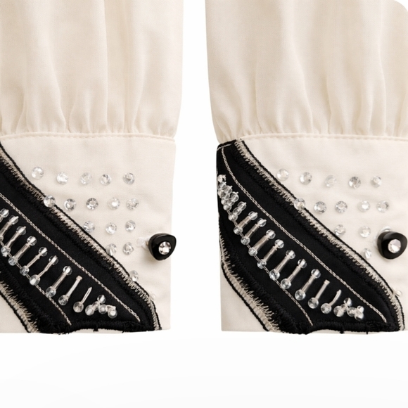 Bianca | Vintage Ivory Black Embellished Frill Blouse - Picture 6 of 8